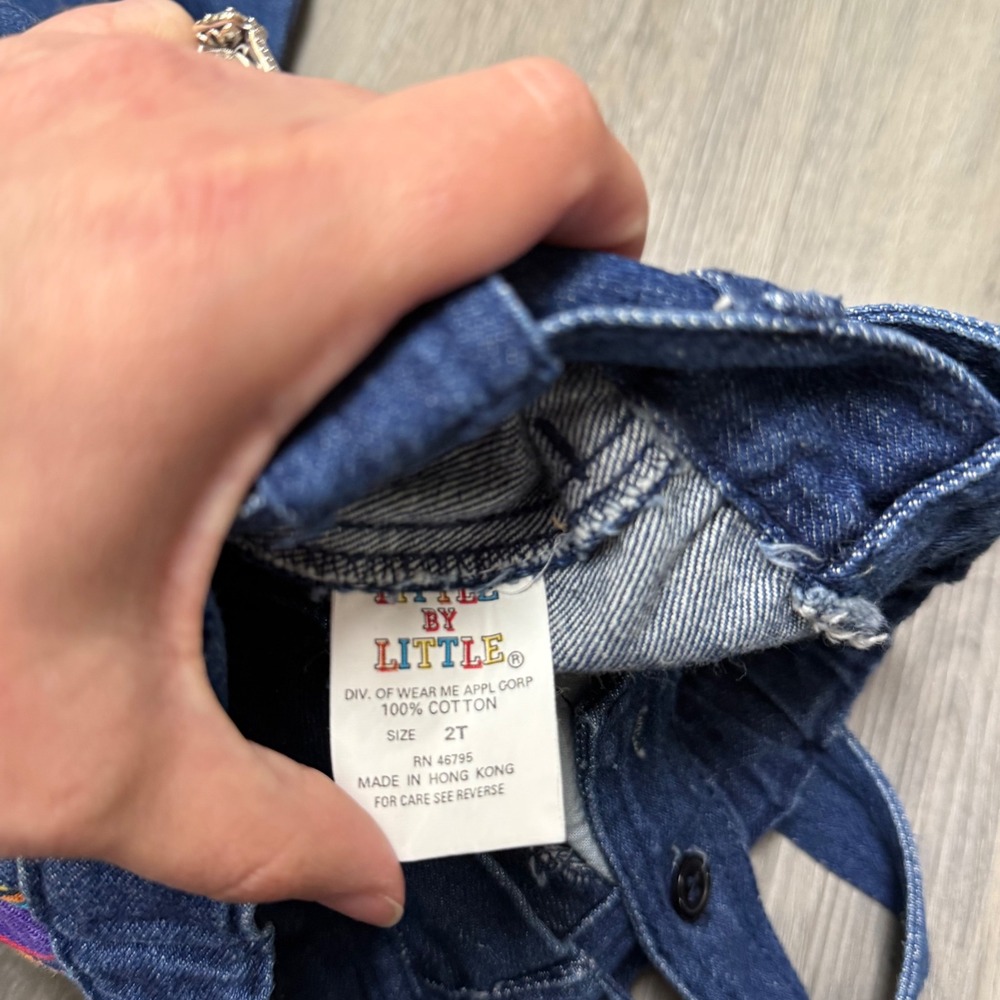 Vintage 90s Little By Little Toddler 2T Denim Set Rainbow Striped Suspenders Set - Picture 8 of 8